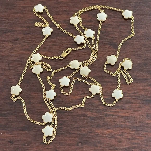 Cream enamel flower gold tone 48 inch long necklace - Picture 6 of 8